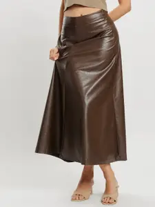 FREAKINS Brown Leather Flared Midi Skirt