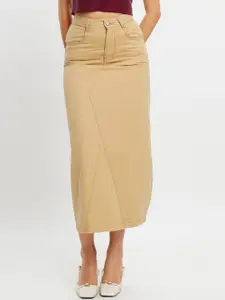 FREAKINS Khaki Denim A-Line Midi Skirt