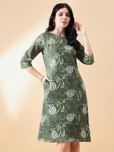 PowerSutra Floral Printed Boat Neck Cotton A-Line Dress