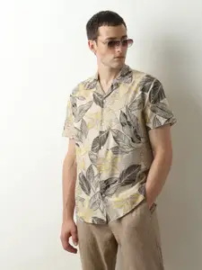 SELECTED Cuban Collar Opaque Printed Cotton Casual Shirt