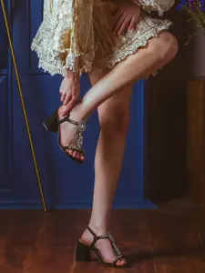 Saint G Embellished Open Toe Leather Block Heels