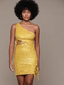 bebe Future Glam Sequin Fringed One Shoulder Bodycon Mini Dress