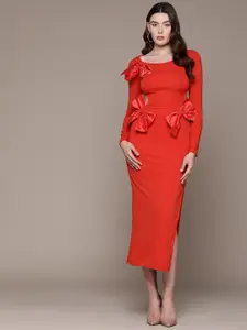 bebe Future Glam Bow Detail Open Back Sheath Midi Dress