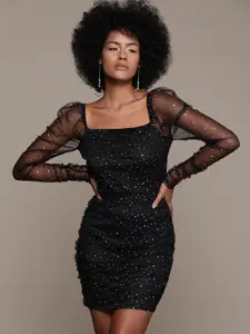 bebe Women Black Future Glam Sequinned Net Bodycon Dress