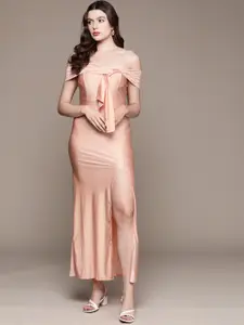 bebe Future Glam Draped Off-Shoulder Bodycon Maxi Dress