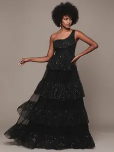 bebe Party Embellished One Shoulder Ruffled Tiered A-Line Maxi Dress