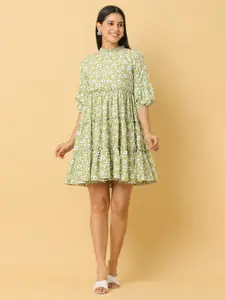 KALINI Floral Printed Puff Sleeve Tiered Crepe Fit & Flare Dress