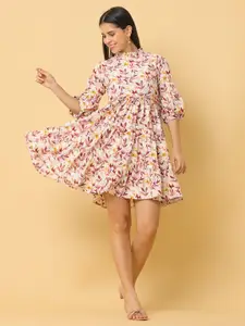 KALINI Floral Printed Puff Sleeve Tiered Crepe Fit & Flare Dress