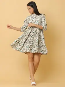 KALINI Floral Printed Puff Sleeve Tiered Crepe Fit & Flare Dress