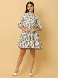 KALINI Floral Printed Puff Sleeve Tiered Crepe Fit & Flare Dress