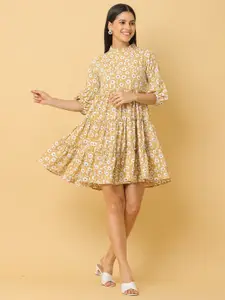 KALINI Floral Printed Puff Sleeve Tiered Crepe Fit & Flare Dress
