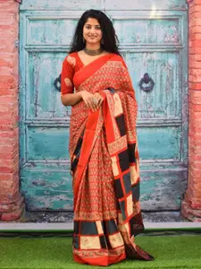JALTHER Ajrak Block Pure Cotton Block Print Saree