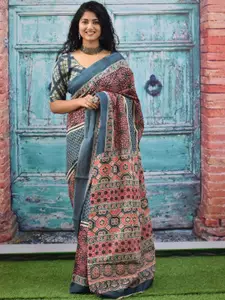 JALTHER Ajrak Block Printed Pure Cotton Block Print Saree