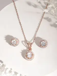 Rubans Voguish Rose Gold Plated Cubic Zirconia Pendant Necklace set