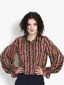 putsum Floral Printed Spread Collar Puff Sleeves Casual Shirt