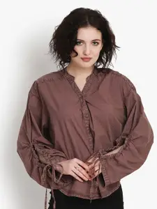 putsum Tailored Fit Mandarin Collar Puff Sleeves Cotton Casual Shirt