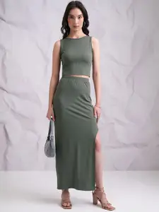 Tokyo Talkies Olive Green Ribbed Top With Skirt
