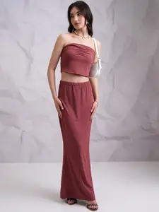 Tokyo Talkies Pink Ribbed Crop Top With Skirt