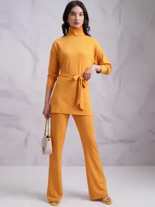 Tokyo Talkies Yellow High Neck Longline Top With Trouser & Belt