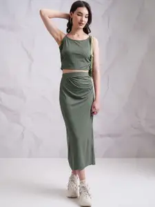 Tokyo Talkies Olive Green Ribbed Crop Top With Skirt