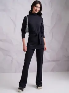 Tokyo Talkies Navy Blue High Neck Longline Top With Trouser & Belt