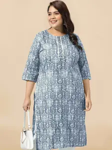 KALINI Plus Size Floral Printed Thread Work Pure Cotton Straight Kurta