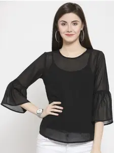 Purple State Round Neck Bell Sleeves Semi Sheer Crepe Top