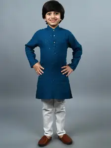 BAESD Boys Woven Design Embroidered Mandarin Collar Thread Work Straight Kurta With Pyjama