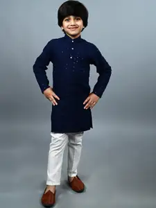 BAESD Boys Woven Design Embroidered Straight Mandarin Collar Sequinned Kurta With Pyjama