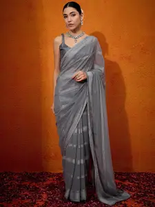 Anouk Striped Beads and Stones Pure Chiffon Saree