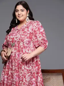 A PLUS BY AHALYAA Plus Size Floral Printed Puff Sleeves Pure Cotton Maxi Ethnic Dress