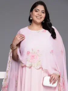 A PLUS BY AHALYAA Plus Size Floral Printed Cape Sleeves Layered Ethnic Gown