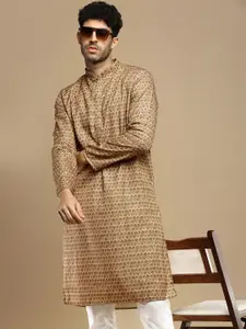 Anouk Brown Geometric Printed Mandarin Collar Long Sleeves Sequinned Cotton Straight Kurta