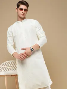 Anouk Off White Geometric Embroidered Mandarin Collar Chikankari Cotton Straight Kurta