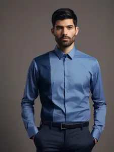 HE SPOKE Men Smart Tailored Fit Colourblocked Spread Collar Twill Cotton Formal Shirt