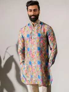 QB MEN Floral Printed Straight Pure Silk Kurta