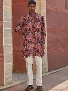 QB MEN Floral Printed Silk Kurta