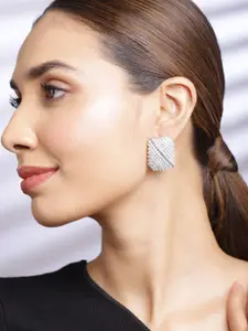 Rubans Women Rhodium Plated Zirconia Studded Geometrical Stud Earrings