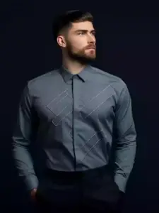HE SPOKE Smart Tailored Fit Geometric Embroidered Cotton Formal Shirt