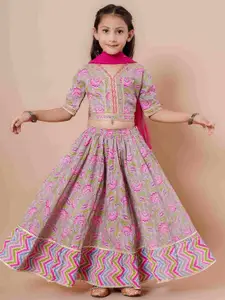 Cutiediva Girls Embellished Block Printed Ready to Wear Lehenga & Blouse With Dupatta