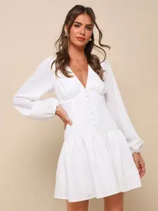 RARE White V Neck Puff Sleeve A-Line Dress