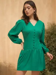 RARE V Neck Long Puff Sleeve Drop-Waist Dress