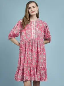 DressBerry  Floral Printed Puff Sleeve Fit & Flare Dress