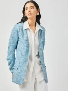 Contemponari Printed Tailored-Fit Linen Open Front Blazer