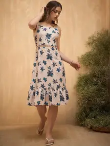 Marie Claire Floral Printed Square Neck Shoulder Straps Fit & Flare Dress