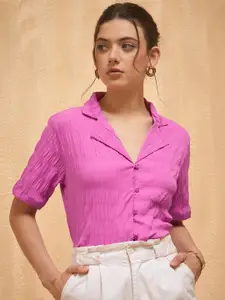 Marie Claire Pink Self Design Lapel Collar Shirt Style Crop Top