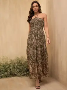 Marie Claire Floral Printed Halter Neck Smocked & Tiered Detail Chiffon Maxi Dress