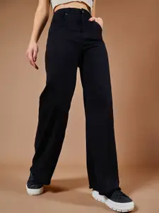 DOLCE CRUDO Women High Rise Clean Look Regular-Length Stretchable Wide Leg Denim Jeans