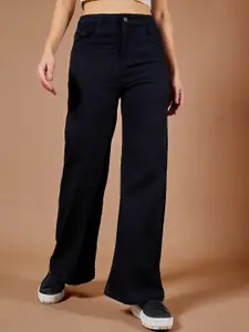 DOLCE CRUDO Women Sweetheart Thug Black Wide Leg High-Rise Stretchable Jeans