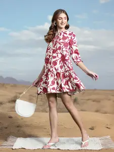 DressBerry Floral Print Tie-Up Neck Puff Sleeve A-Line Dress